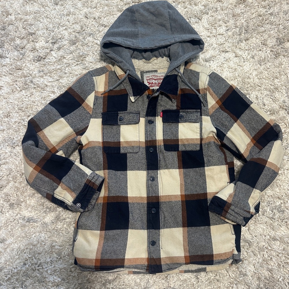 Levis Mens Sherpa Lined Hooded Flannel Shirt Jacket Navy Cream Plaid Small